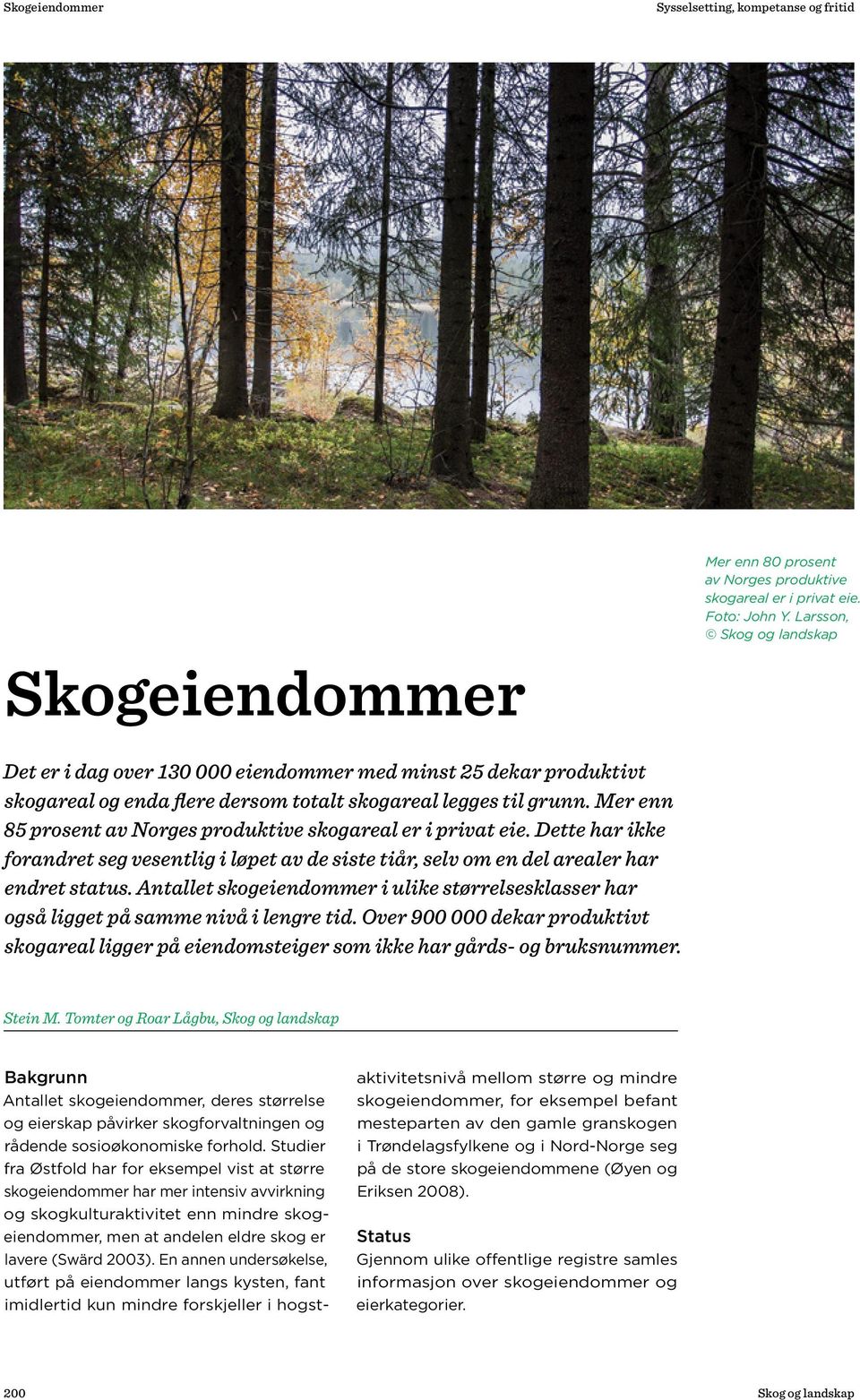 Mer enn 85 prosent av Norges produktive skogareal er i privat eie. Dette har ikke forandret seg vesentlig i løpet av de siste tiår, selv om en del arealer har endret status.