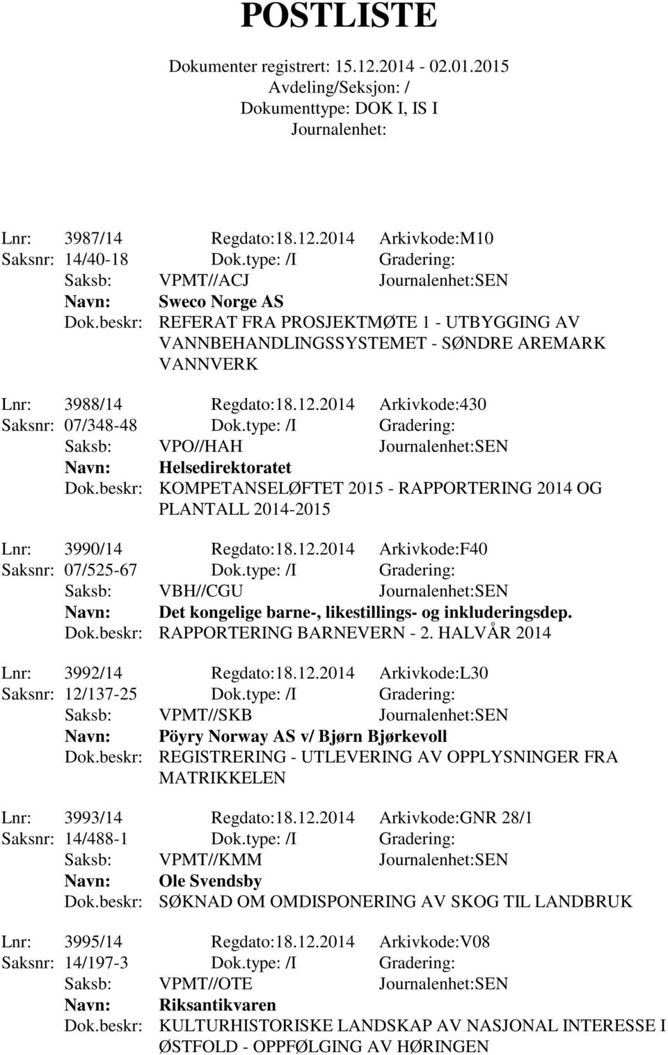 type: /I Gradering: Saksb: VPO//HAH SEN Navn: Helsedirektoratet Dok.beskr: KOMPETANSELØFTET 2015 - RAPPORTERING 2014 OG PLANTALL 2014-2015 Lnr: 3990/14 Regdato:18.12.