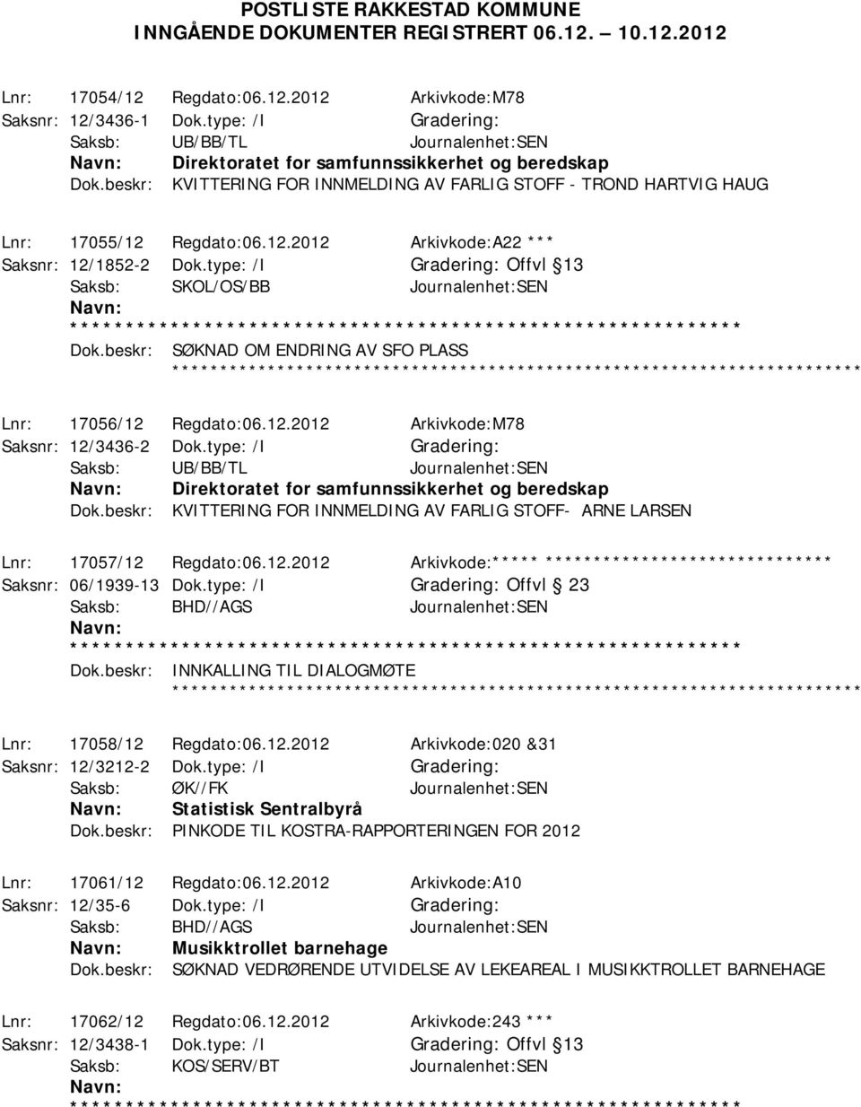 Regdato:06.12.2012 Arkivkode:A22 *** Saksnr: 12/1852-2 Dok.type: /I Offvl 13 Saksb: SKOL/OS/BB Journalenhet:SEN Dok.beskr: SØKNAD OM ENDRING AV SFO PLASS ************ Lnr: 17056/12 Regdato:06.12.2012 Arkivkode:M78 Saksnr: 12/3436-2 Dok.