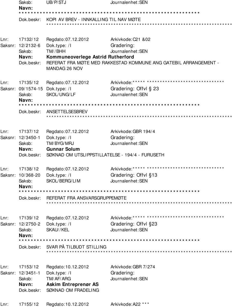 Regdato:07.12.2012 Arkivkode:***** ****************************** Saksnr: 09/1574-15 Dok.type: /I Offvl 23 Saksb: SKOL/UNG/LF Journalenhet:SEN Dok.