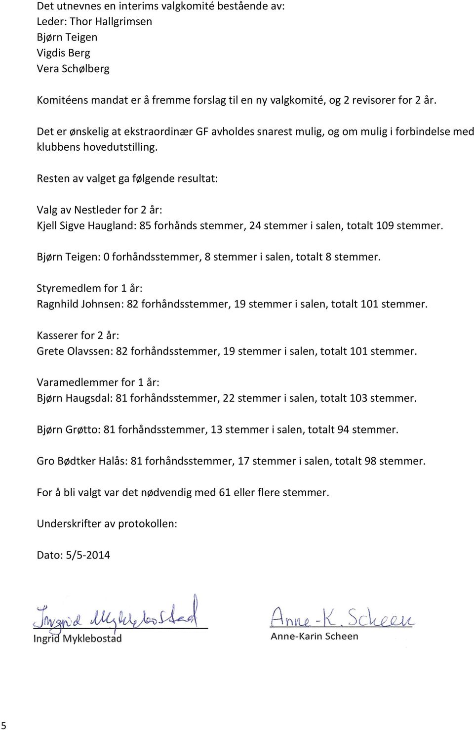 Resten av valget ga følgende resultat: Valg av Nestleder for 2 år: Kjell Sigve Haugland: 85 forhånds stemmer, 24 stemmer i salen, totalt 109 stemmer.