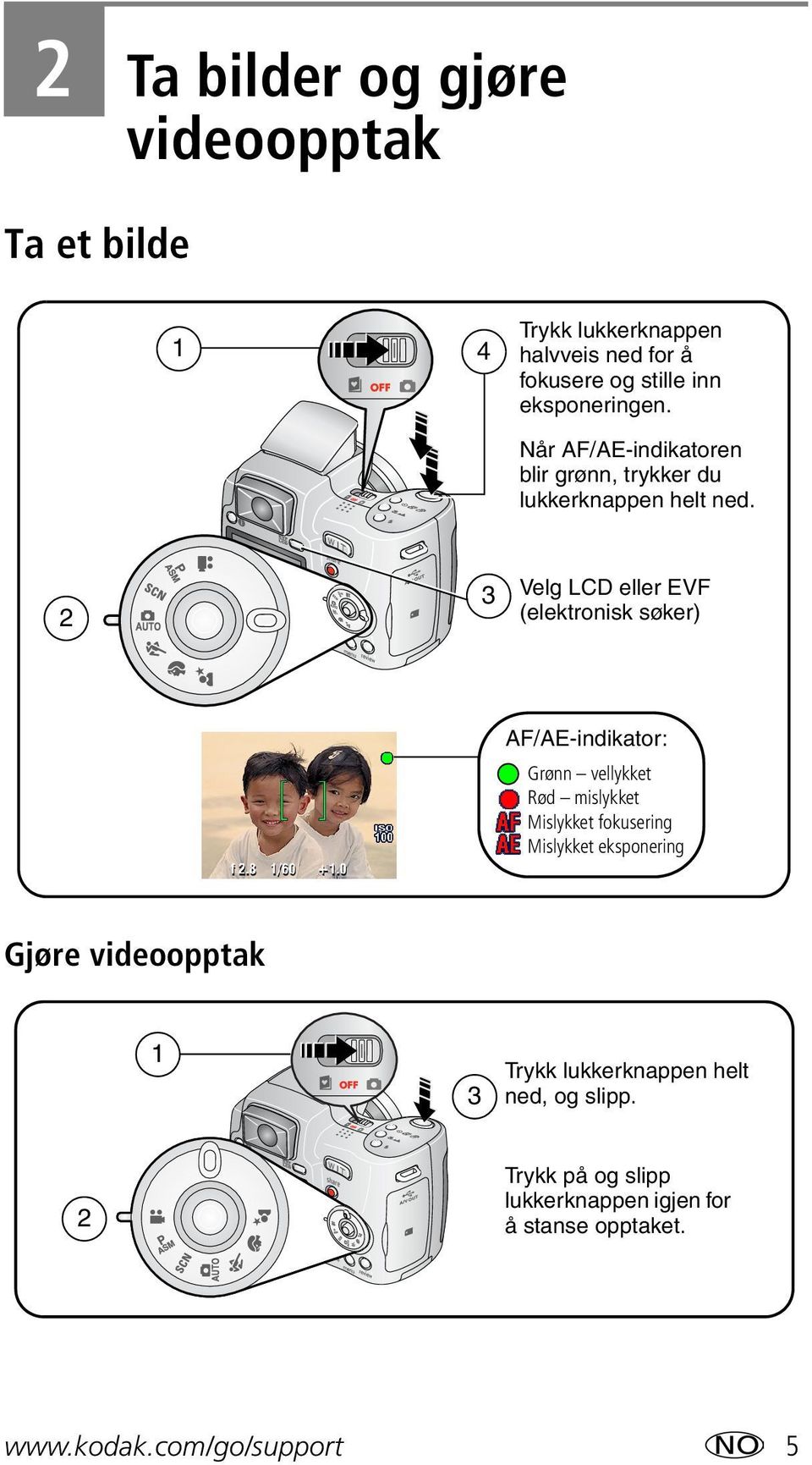 2 3 Velg LCD eller EVF (elektronisk søker) AF/AE-indikator: Grønn vellykket Rød mislykket Mislykket fokusering