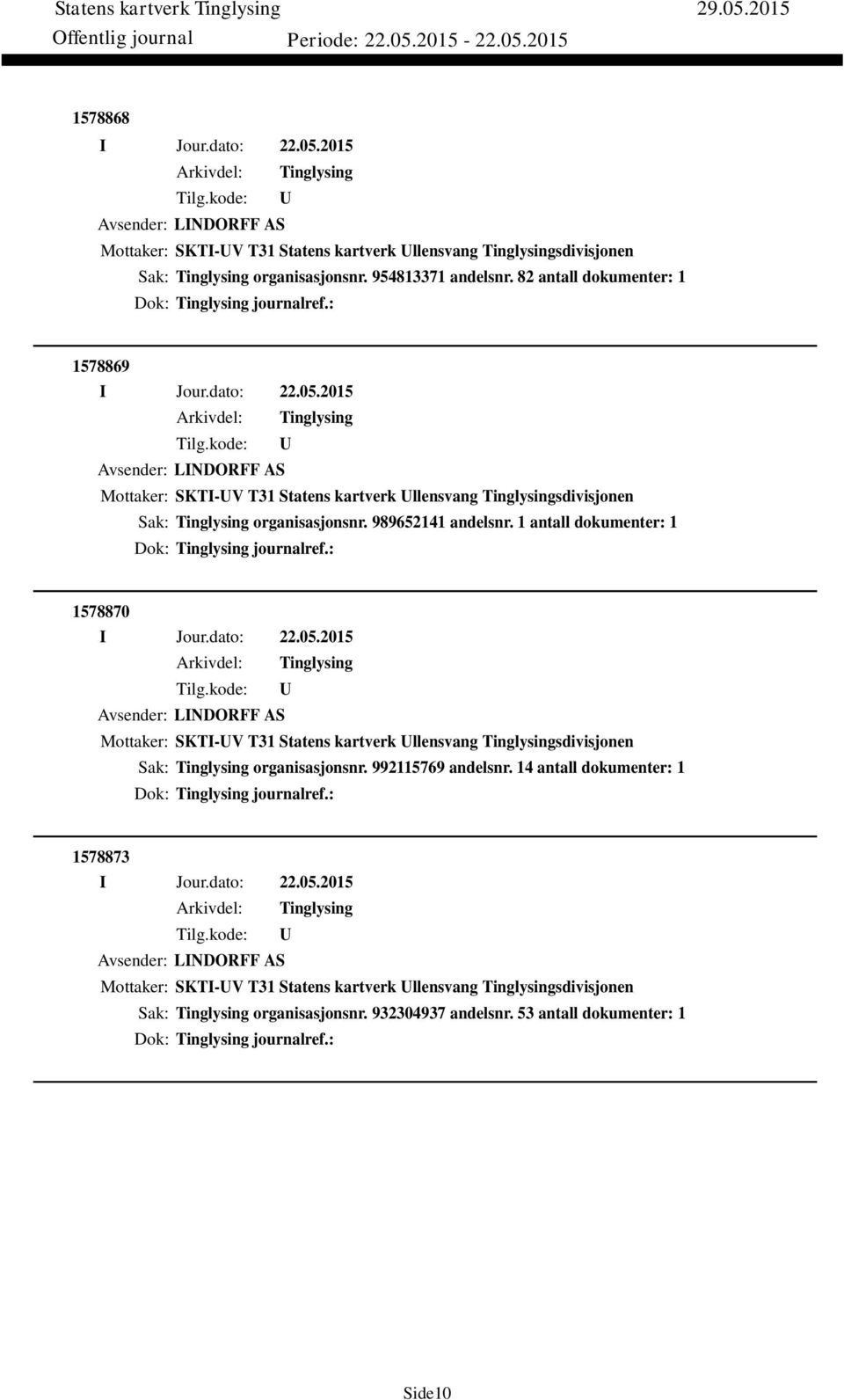 1 antall dokumenter: 1 Dok: journalref.: 1578870 Avsender: LINDORFF AS Mottaker: SKTI-V T31 Statens kartverk llensvang sdivisjonen Sak: organisasjonsnr. 992115769 andelsnr.