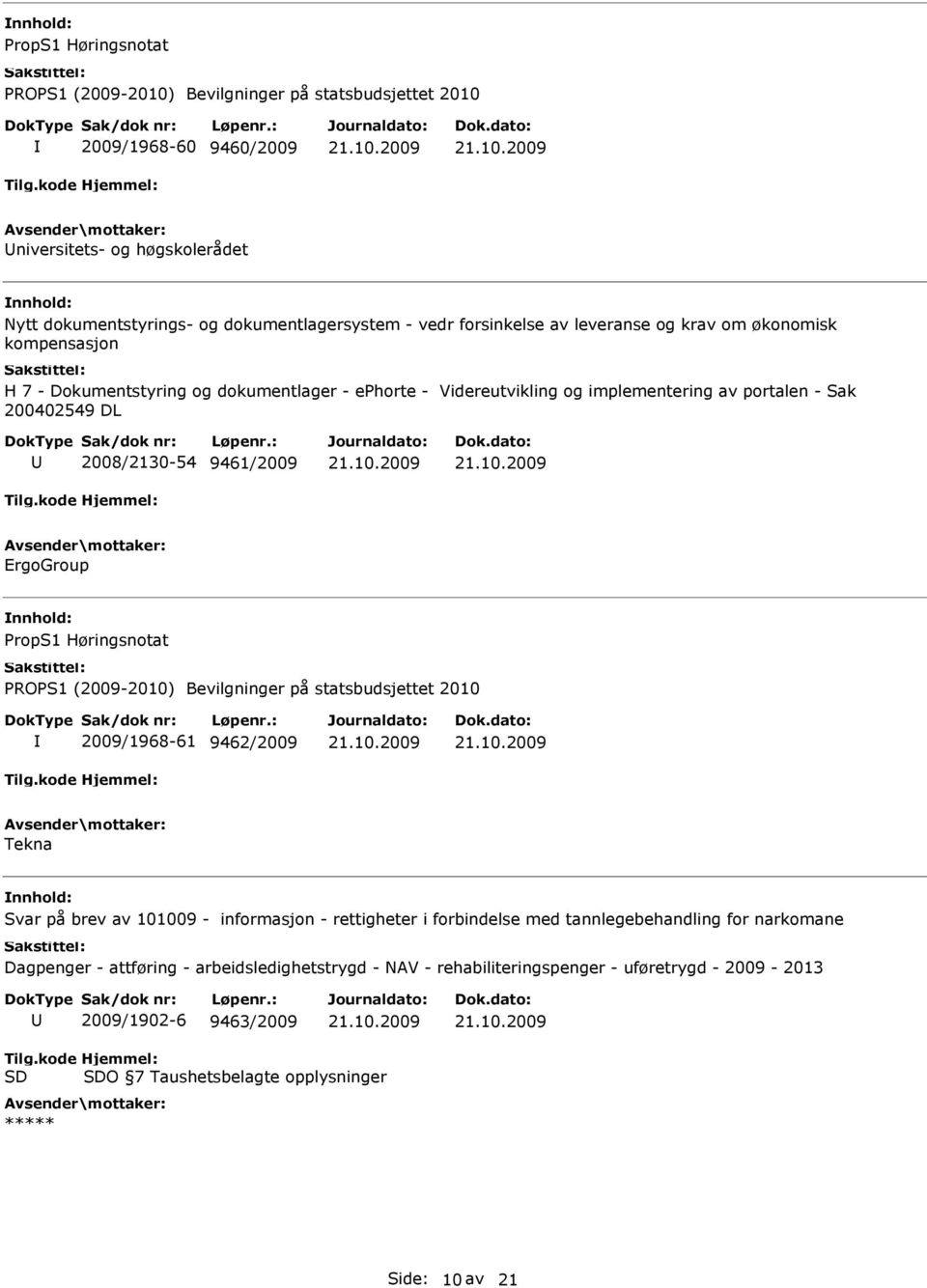 Høringsnotat 2009/1968-61 9462/2009 Tekna Svar på brev av 101009 - informasjon - rettigheter i forbindelse med tannlegebehandling for narkomane Dagpenger - attføring -