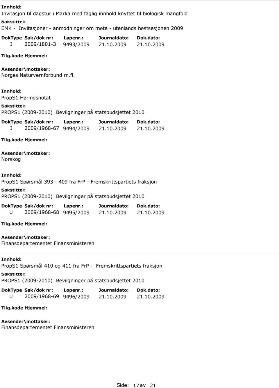 PropS1 Høringsnotat 2009/1968-67 9494/2009 Norskog PropS1 Spørsmål 393-409 fra FrP - Fremskrittspartiets