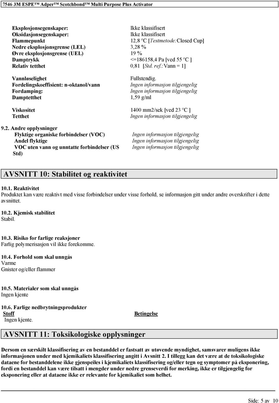 Ingen informasjon Ingen informasjon 1,59 g/ml Viskositet 1400 mm2/