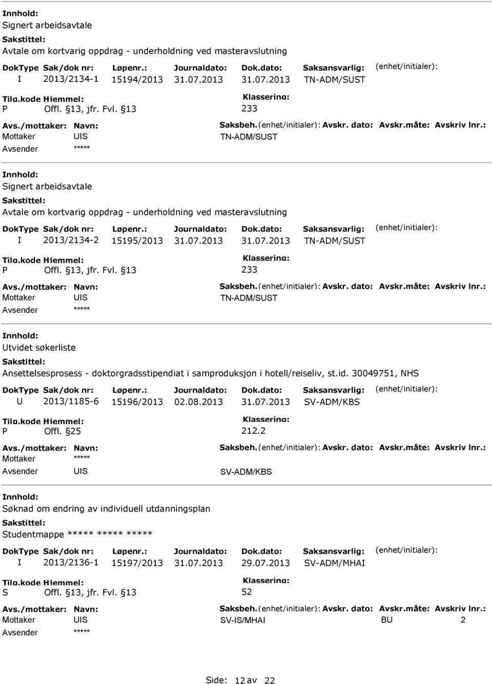 Ansettelsesprosess - doktorgradsstipendiat i samproduksjon i hotell/reiseliv, st.id. 30049751, NH 2013/1185-6 15196/2013 V-ADM/KB Offl. 25 212.