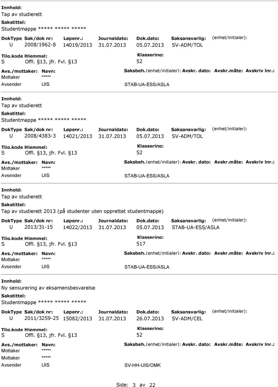 2013 V-ADM/TOL TAB-A-E/ALA Tap av studierett Tap av studierett 2013 (på studenter uten opprettet studentmappe) 2013/31-15