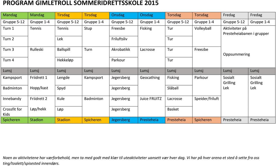 Akrobatikk Lacrosse Tur Freezbe Turn 4 Hekkeløp Parkour Tur Oppsummering Lunsj Lunsj Lunsj Lunsj Lunsj Lunsj Lunsj Lunsj Lunsj Lunsj Kampsport Friidrett 1 Lengde Kampsport Jegersberg Geocathing