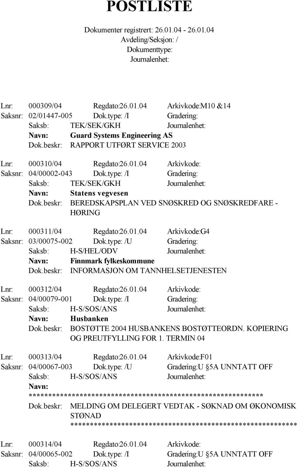 type: /U Gradering: Finnmark fylkeskommune INFORMASJON OM TANNHELSETJENESTEN Lnr: 000312/04 Regdato:26.01.04 Arkivkode: Saksnr: 04/00079-001 Dok.