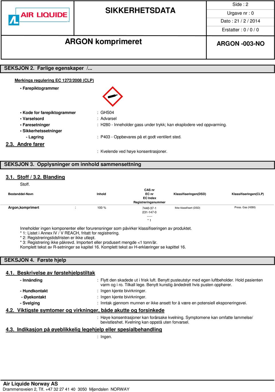 Sikkerhetssetninger - Lagring : P403 - Oppbevares på et godt ventilert sted. M«: GHS04 2.3. Andre farer : Kvelende ved høye konsentrasjoner. SEKSJON 3. Opplysninger om innhold sammensettning 3.1.