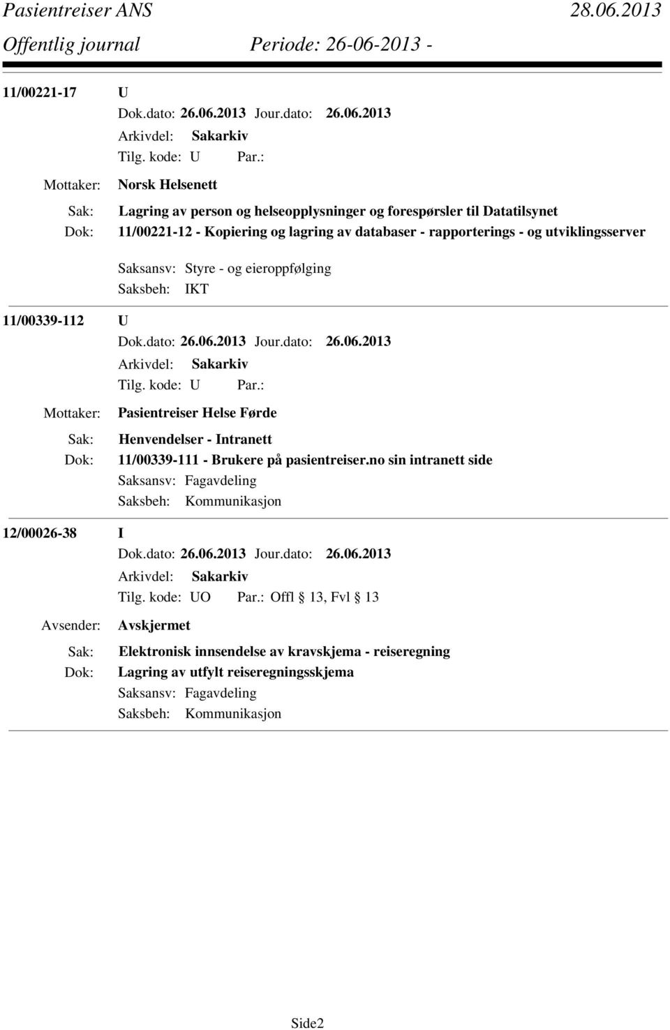 Henvendelser - Intranett 11/00339-111 - Brukere på pasientreiser.no sin intranett side Saksbeh: Kommunikasjon 12/00026-38 I Tilg.