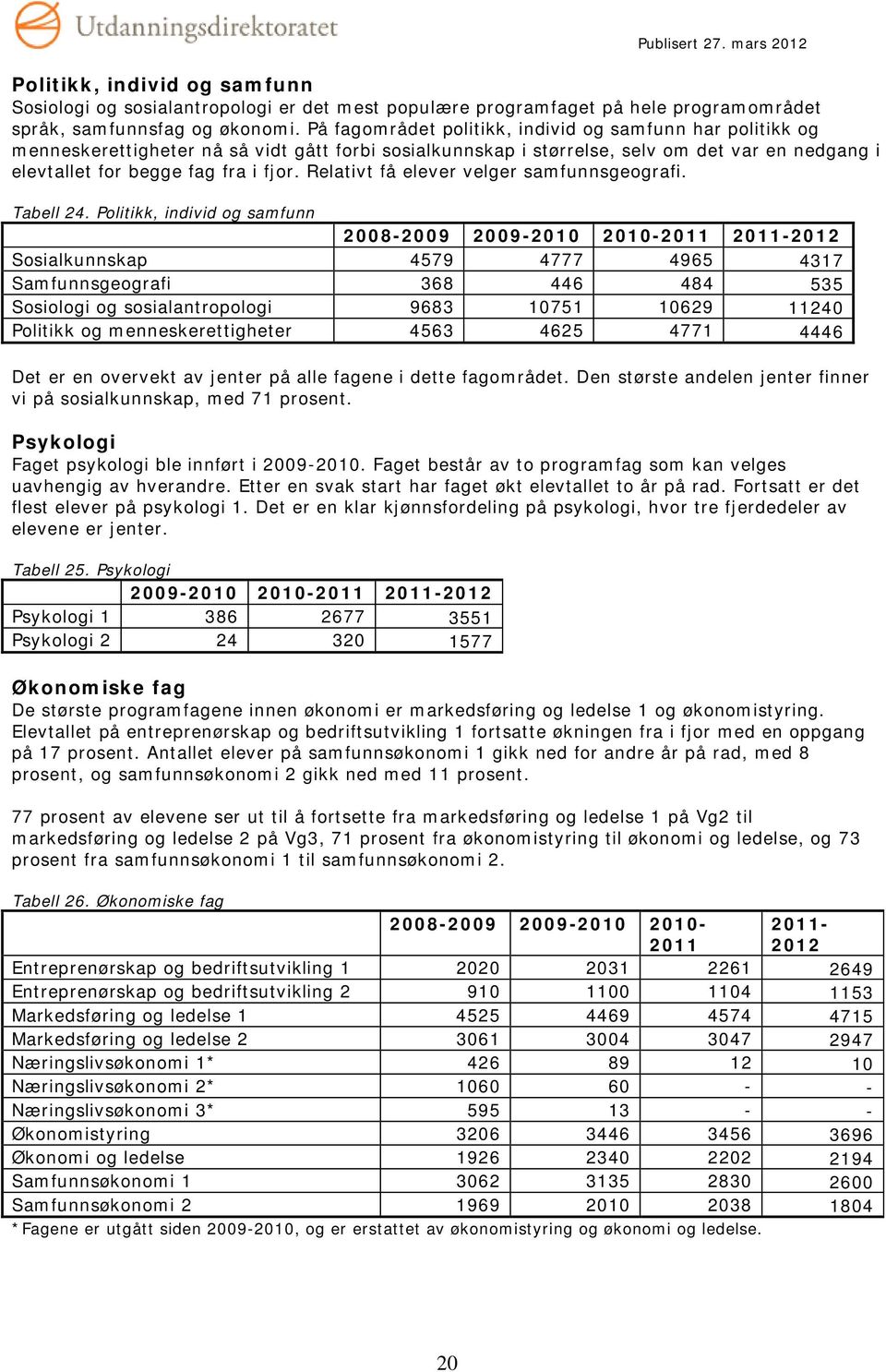 Relativt få elever velger samfunnsgeografi. Tabell 24.