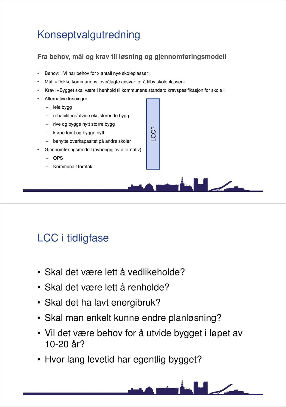 større bygg kjøpe tomt og bygge nytt benytte overkapasitet på andre skoler Gjennomføringsmodell (avhengig av alternativ) OPS Kommunalt foretak LCC?