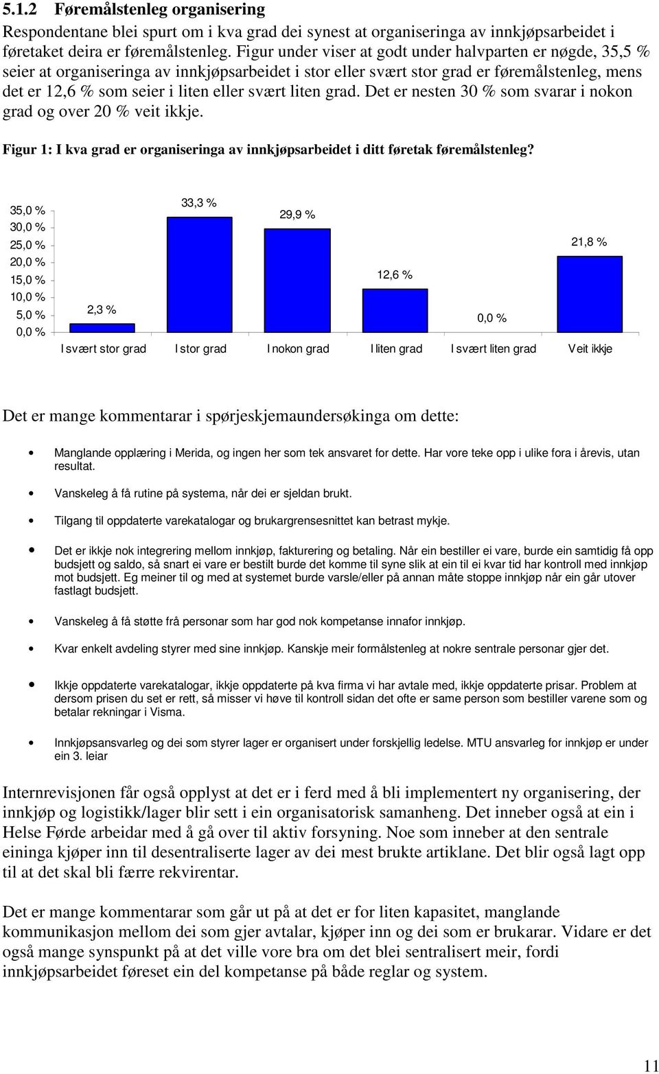 liten grad. Det er nesten 30 % som svarar i nokon grad og over 20 % veit ikkje. Figur 1: I kva grad er organiseringa av innkjøpsarbeidet i ditt føretak føremålstenleg?