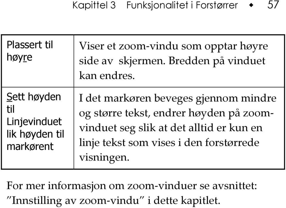 I det markøren beveges gjennom mindre og større tekst, endrer høyden på zoomvinduet seg slik at det alltid er kun