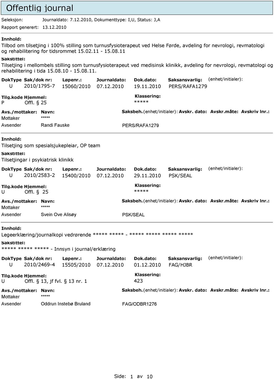 2010 Tilbod om tilsetjing i 100% stilling som turnusfysioterapeut ved Helse Førde, avdeling for nevrologi, revmatologi og rehabilitering for tidsrommet 15.02.11-15.08.