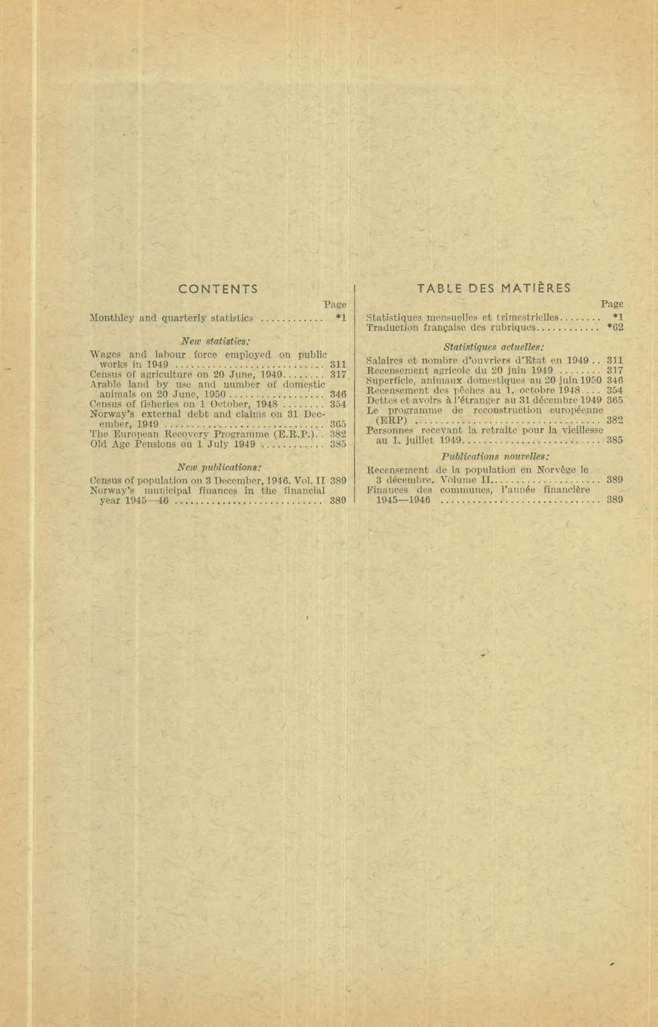 382 Old Age Pensions on 1 July 1949 385 New publications: Census of population on 3 December, 1946. Vol.