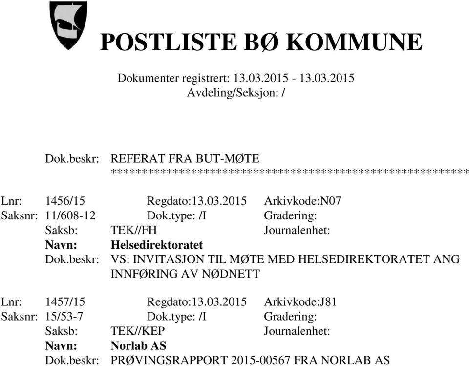 beskr: VS: INVITASJON TIL MØTE MED HELSEDIREKTORATET ANG INNFØRING AV NØDNETT Lnr: 1457/15 Regdato:13.03.