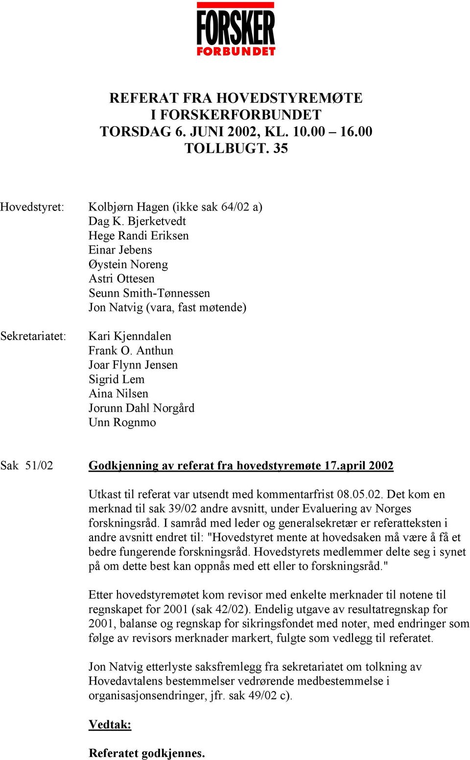 Anthun Joar Flynn Jensen Sigrid Lem Aina Nilsen Jorunn Dahl Norgård Unn Rognmo Sak 51/02 Godkjenning av referat fra hovedstyremøte 17.april 2002 Utkast til referat var utsendt med kommentarfrist 08.