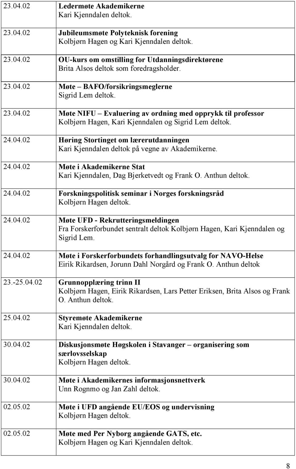 Anthun deltok. 24.04.02 Forskningspolitisk seminar i Norges forskningsråd Kolbjørn Hagen deltok. 24.04.02 Møte UFD - Rekrutteringsmeldingen Fra Forskerforbundet sentralt deltok Kolbjørn Hagen, Kari Kjenndalen og Sigrid Lem.