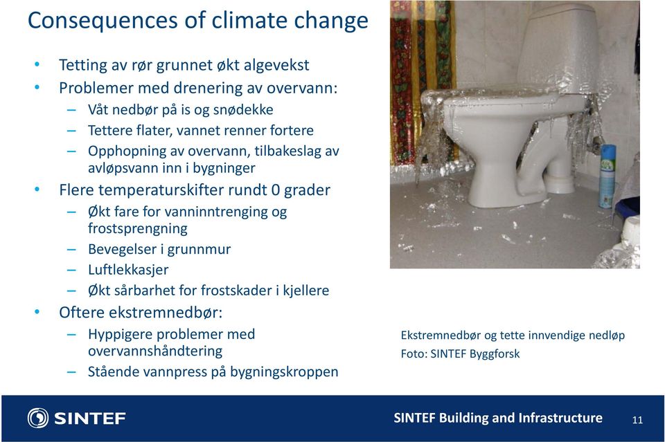 vanninntrenging og frostsprengning Bevegelser i grunnmur Luftlekkasjer Økt sårbarhet for frostskader i kjellere Oftere ekstremnedbør: Hyppigere