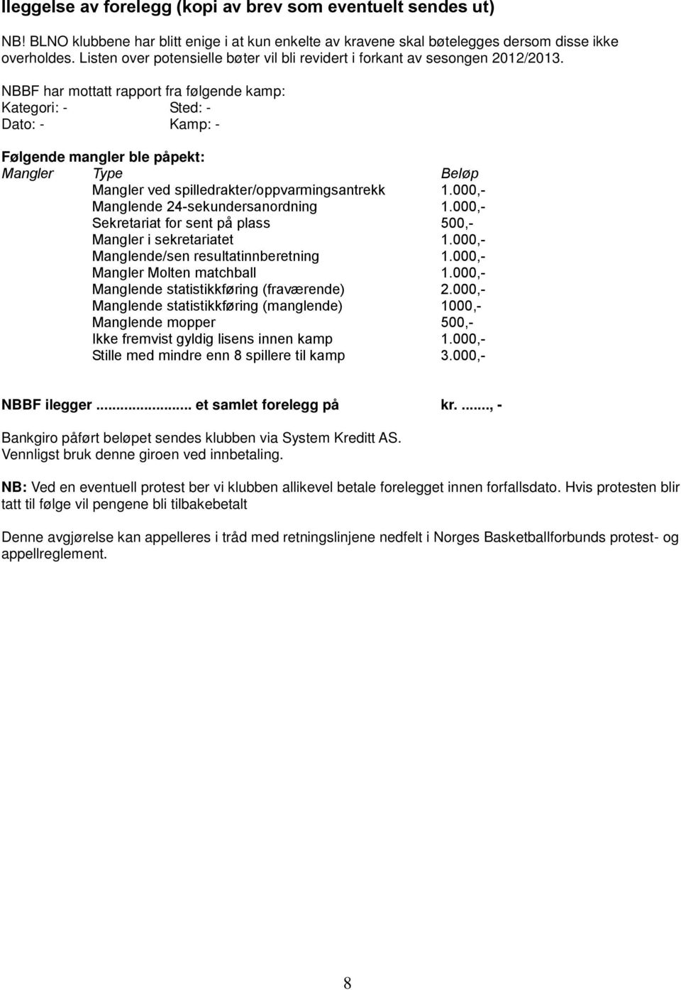 NBBF har mottatt rapport fra følgende kamp: Kategori: - Sted: - Dato: - Kamp: - Følgende mangler ble påpekt: Mangler Type Beløp Mangler ved spilledrakter/oppvarmingsantrekk 1.