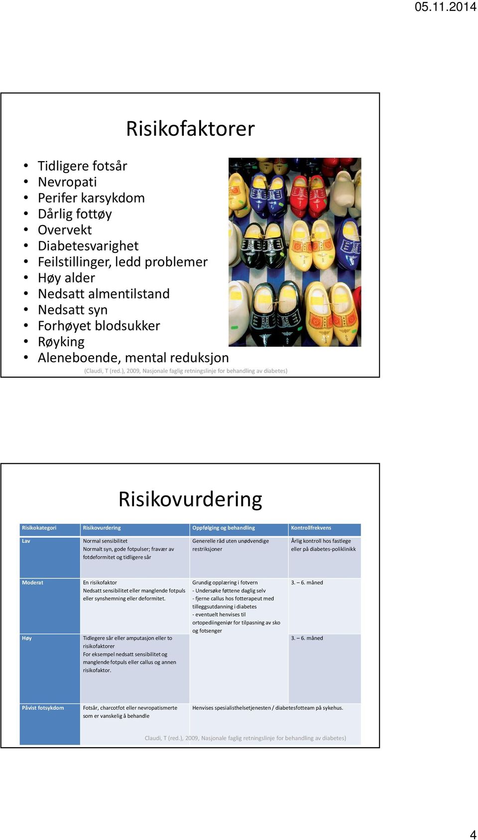 ), 2009, Nasjonale faglig retningslinje for behandling av diabetes) Risikovurdering Risikokategori Risikovurdering Oppfølging og behandling Kontrollfrekvens Lav Normal sensibilitet Normalt syn, gode