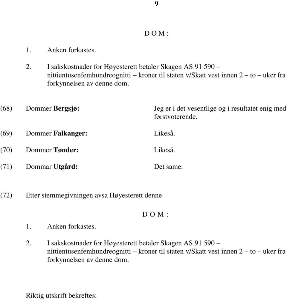 dom. (68) Dommer Bergsjø: Jeg er i det vesentlige og i resultatet enig med førstvoterende. (69) Dommer Falkanger: Likeså. (70) Dommer Tønder: Likeså.