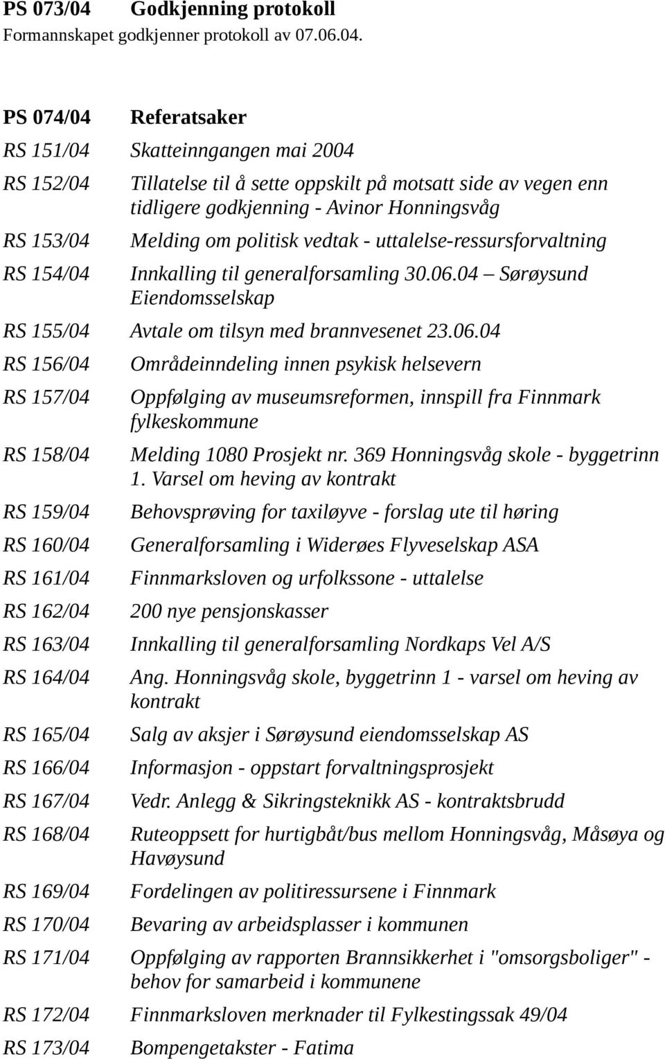 PS 074/04 Referatsaker RS 151/04 Skatteinngangen mai 2004 RS 152/04 RS 153/04 RS 154/04 Tillatelse til å sette oppskilt på motsatt side av vegen enn tidligere godkjenning - Avinor Honningsvåg Melding