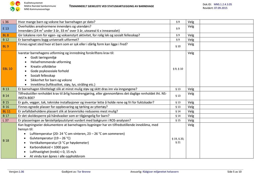 9 B 12 Er barnehagens bygg universelt utformet? 9 BL 9 Finnes egnet sted hvor et barn som er syk eller i dårlig form kan ligge i fred?