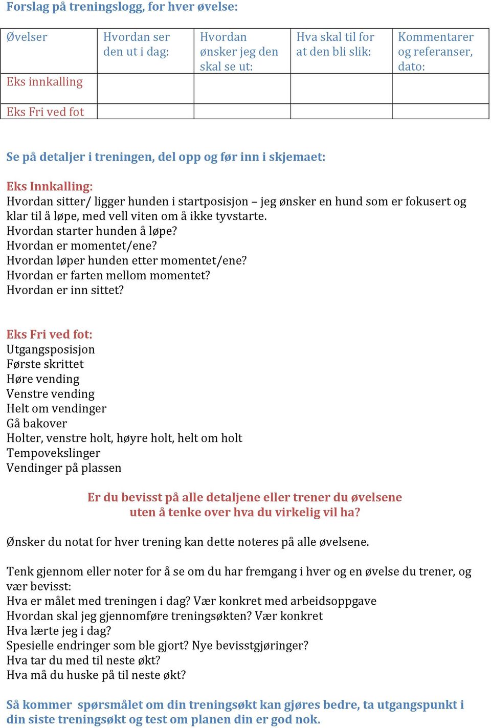 viten om å ikke tyvstarte. Hvordan starter hunden å løpe? Hvordan er momentet/ene? Hvordan løper hunden etter momentet/ene? Hvordan er farten mellom momentet? Hvordan er inn sittet?