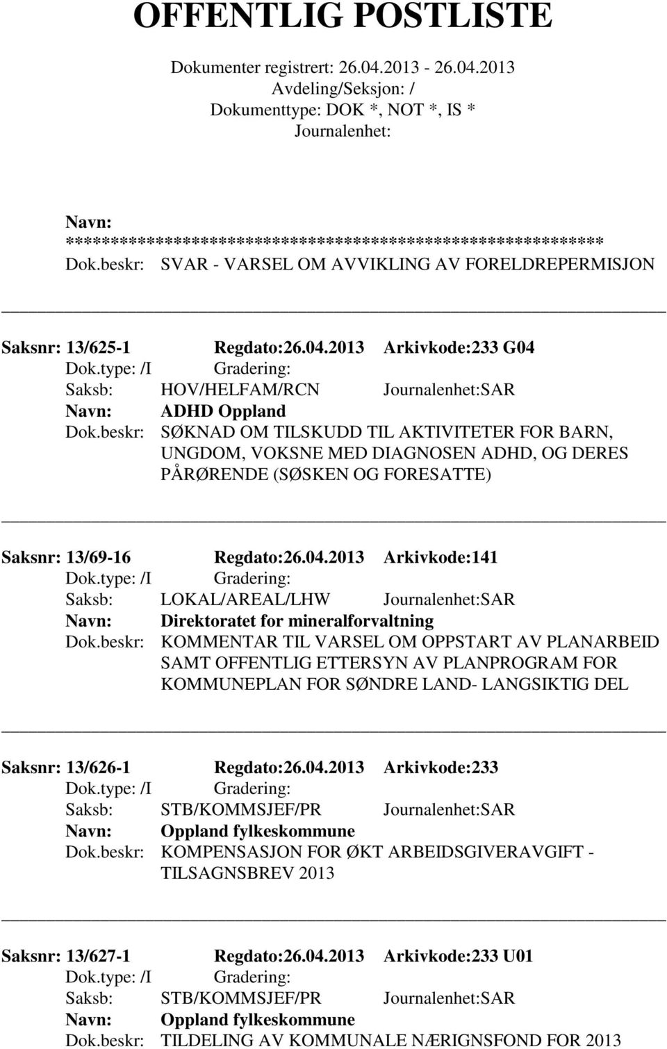 2013 Arkivkode:141 Saksb: LOKAL/AREAL/LHW SAR Direktoratet for mineralforvaltning Dok.