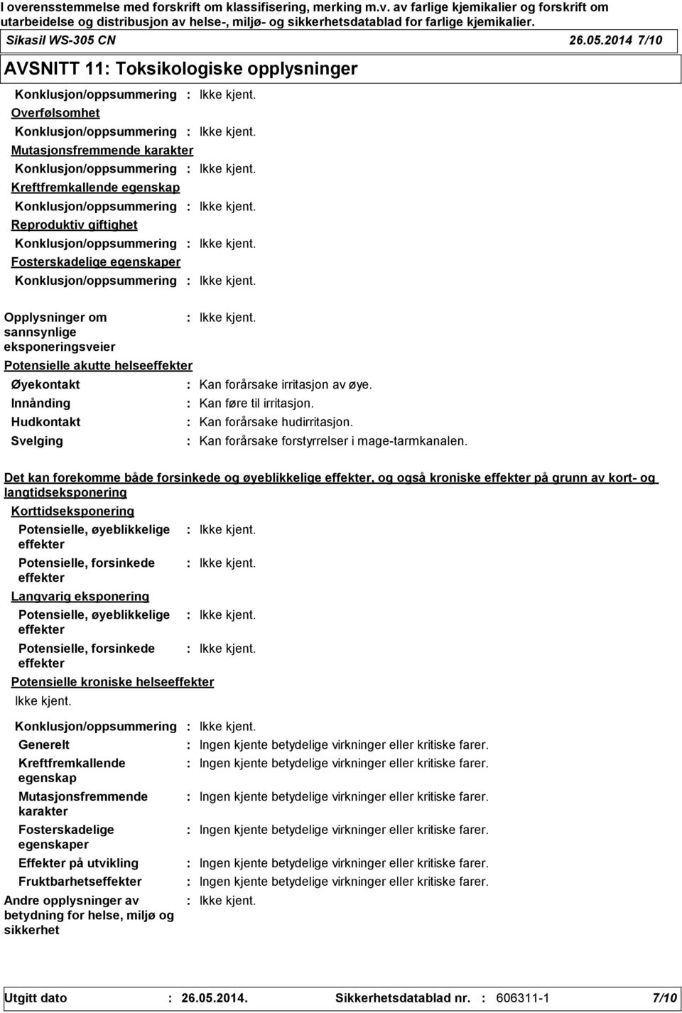 2014 7/10 AVSNITT 11 Toksikologiske opplysninger Konklusjon/oppsummering Overfølsomhet Konklusjon/oppsummering Mutasjonsfremmende karakter Konklusjon/oppsummering Kreftfremkallende egenskap
