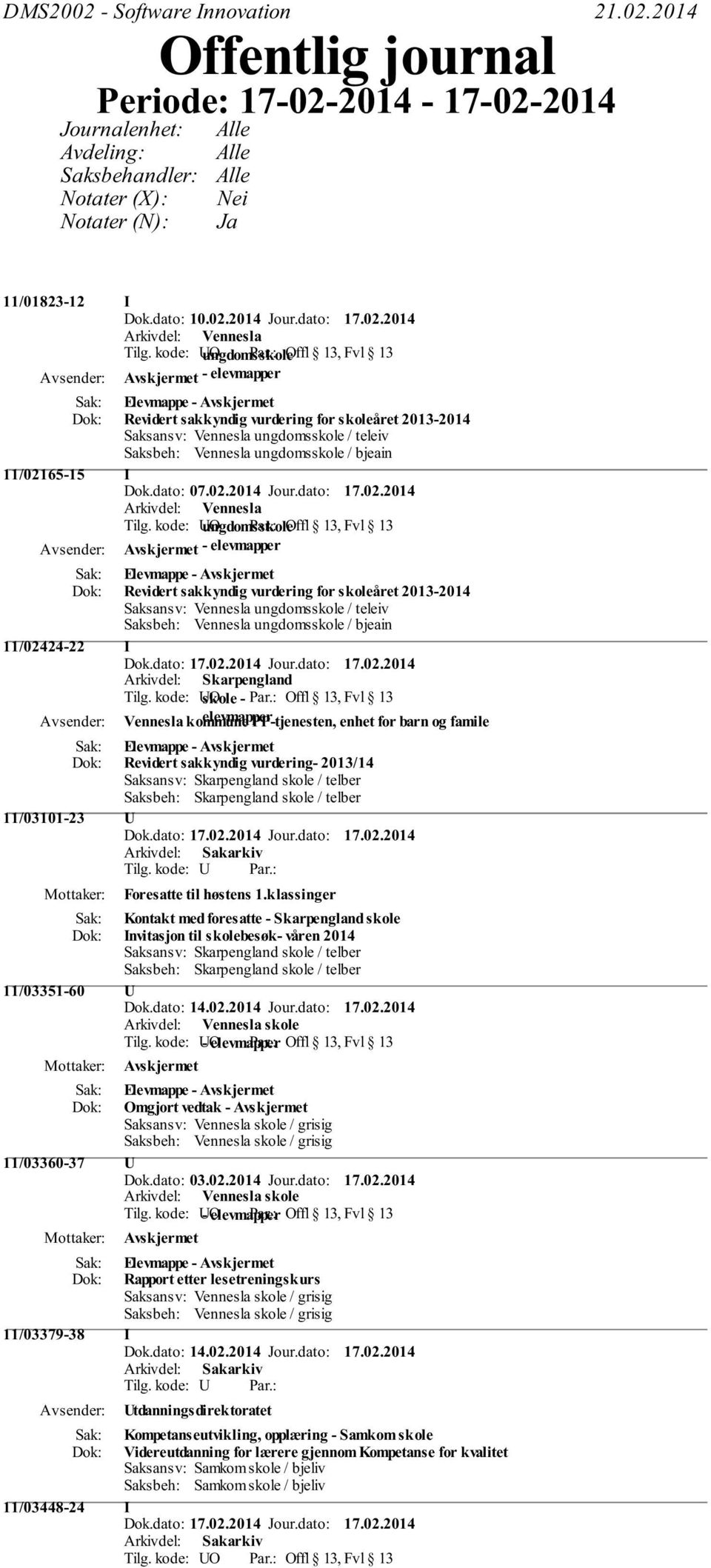 kode: O skole - Offl 13, Fvl 13 Vennesla kommune elevmapper PP-tjenesten, enhet for barn og famile Elevmappe - Revidert sakkyndig vurdering- 2013/14 Saksansv: Skarpengland skole / telber Saksbeh: