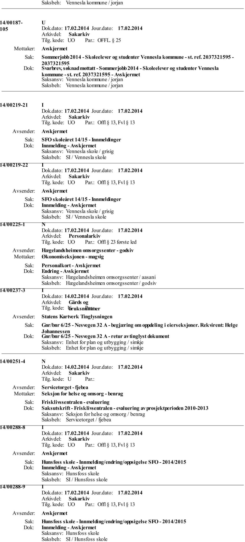 kode: O Offl 13, Fvl 13 SFO skoleåret 14/15 - nnmeldinger nnmelding - Saksansv: Vennesla skole / grisig Saksbeh: S / Vennesla skole 14/00219-22 Tilg.