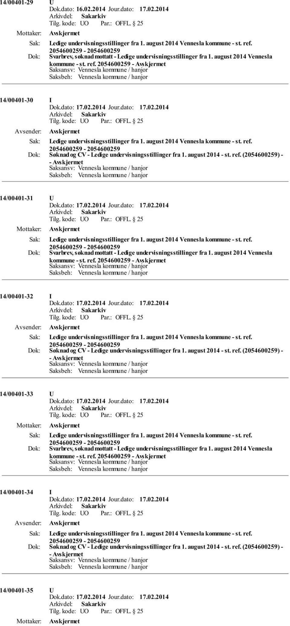 (2054600259) - - 14/00401-31 Svarbrev, søknad mottatt - Ledige undervisningsstillinger fra 1. august 2014 Vennesla kommune - st. ref.