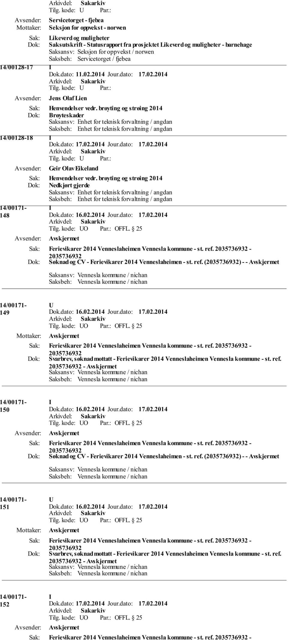 brøyting og strøing 2014 Brøyteskader Saksansv: Enhet for teknisk forvaltning / angdan Saksbeh: Enhet for teknisk forvaltning / angdan 14/00128-18 Geir Olav Eikeland Henvendelser vedr.