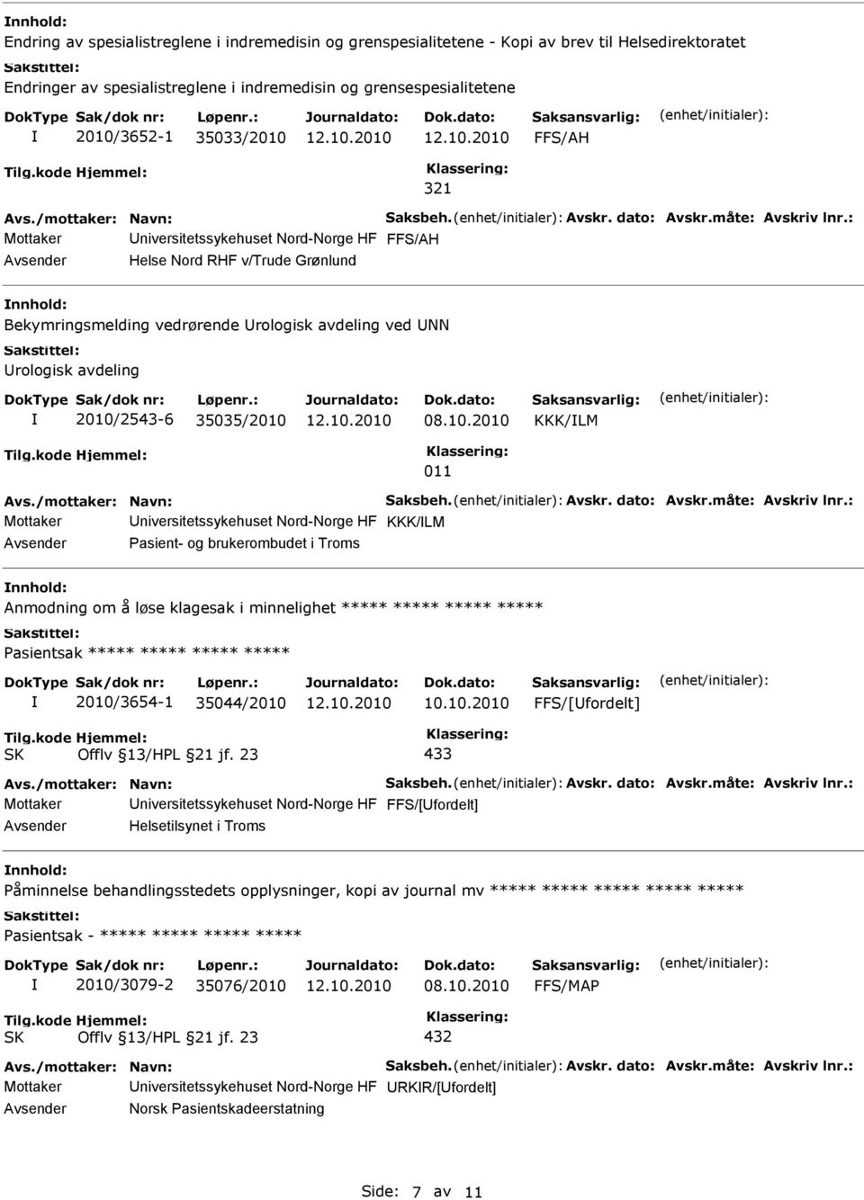 : Mottaker niversitetssykehuset Nord-Norge HF FFS/AH Helse Nord RHF v/trude Grønlund Bekymringsmelding vedrørende rologisk avdeling ved NN rologisk avdeling 2010/2543-6 35035/2010 KKK/LM 011 Avs.