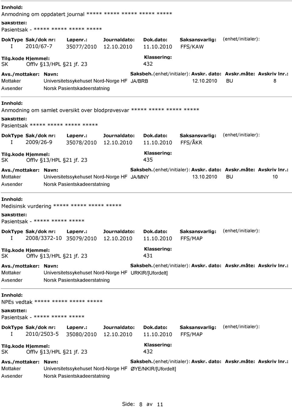 2009/26-9 35078/2010 FFS/ÅKR 435 Avs./mottaker: Navn: Saksbeh. Avskr. dato: Avskr.måte: Avskriv lnr.: Mottaker niversitetssykehuset Nord-Norge HF JA/MNY 13.10.2010 B 10 Norsk asientskadeerstatning Medisinsk vurdering ***** ***** ***** ***** asientsak - ***** ***** ***** 2008/3372-10 35079/2010 FFS/MA 431 Avs.