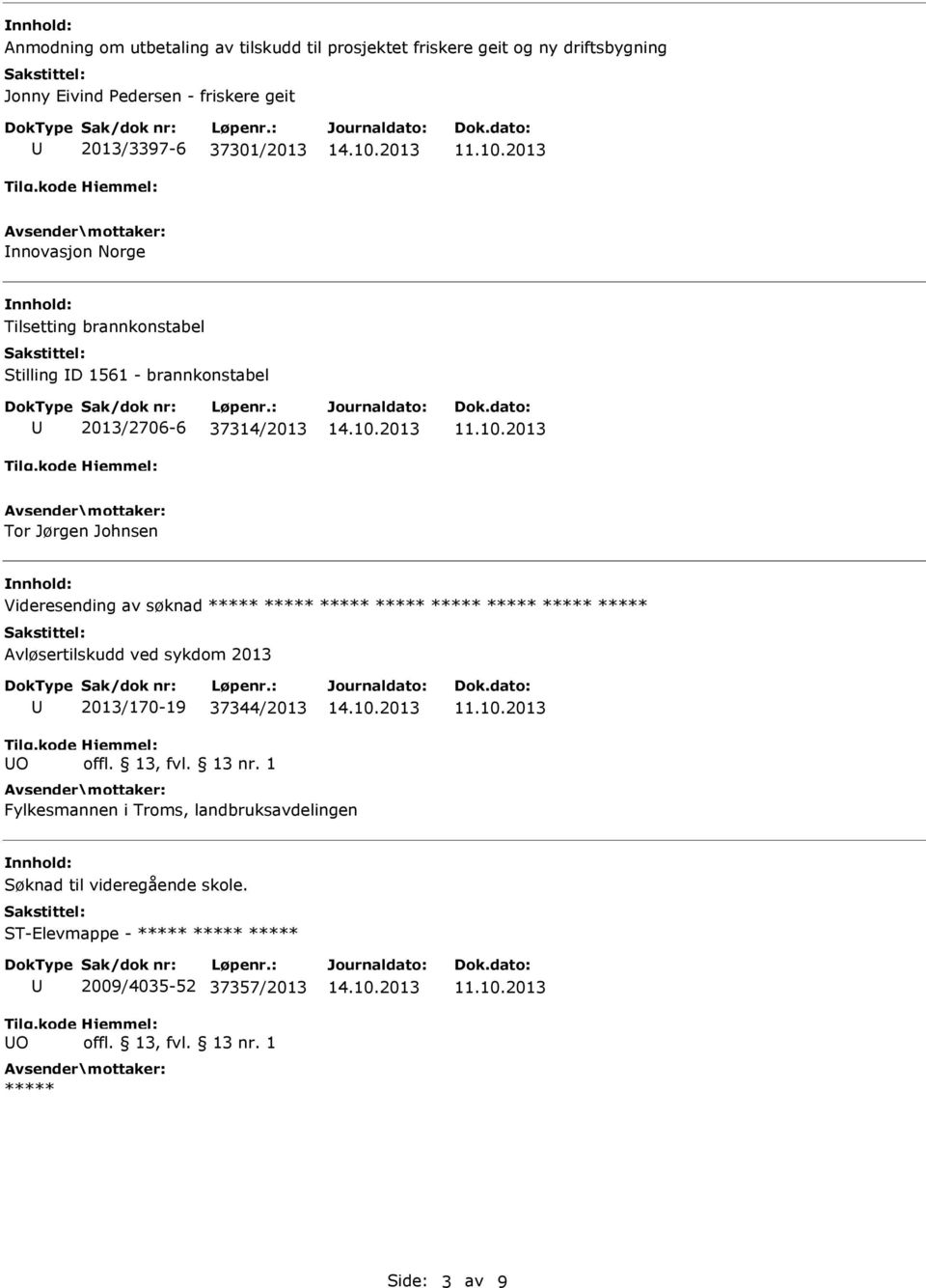 37314/2013 Tor Jørgen Johnsen Videresending av søknad Avløsertilskudd ved sykdom 2013 O 2013/170-19 37344/2013