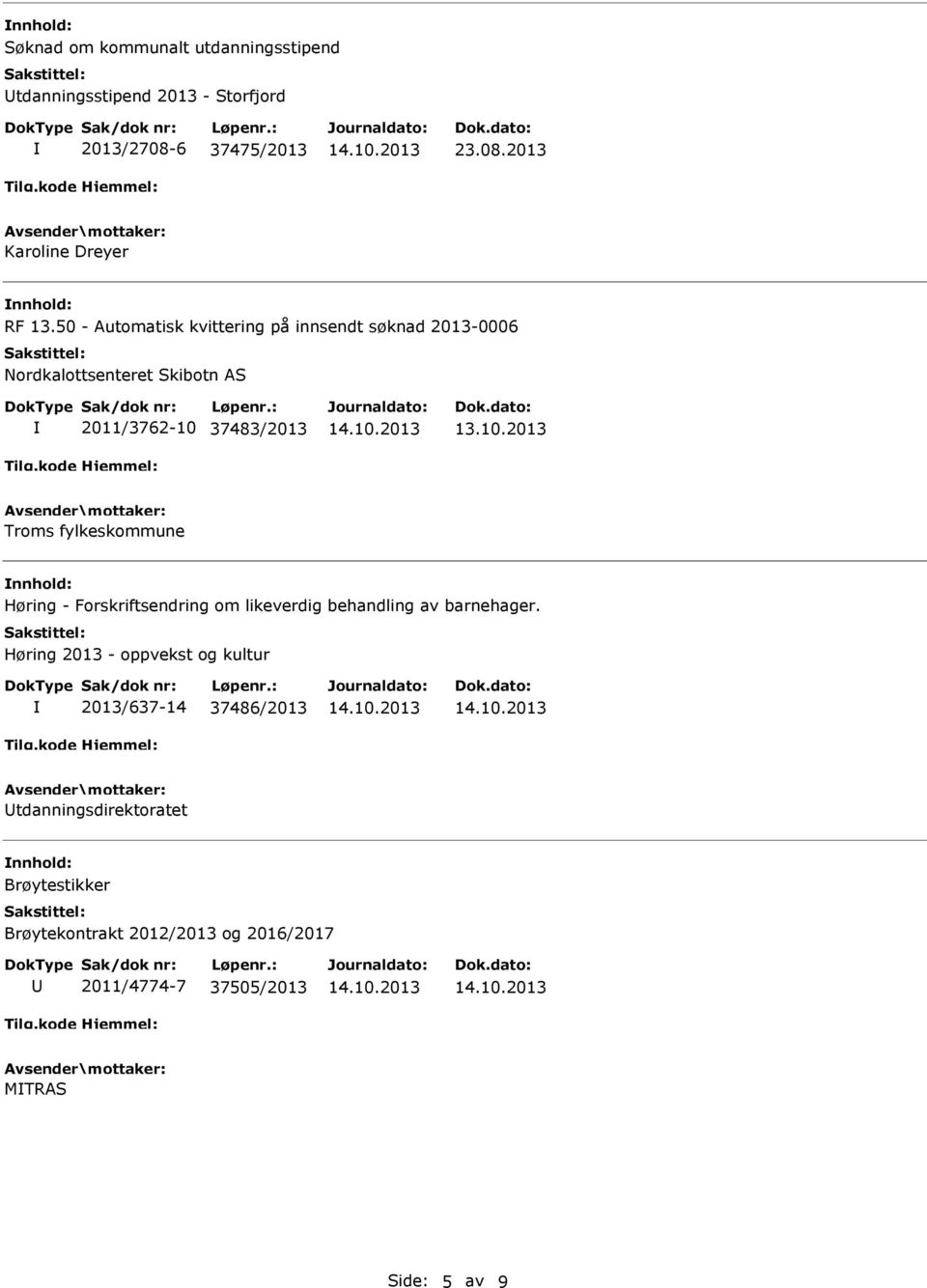 37483/2013 13.10.2013 Troms fylkeskommune Høring - Forskriftsendring om likeverdig behandling av barnehager.