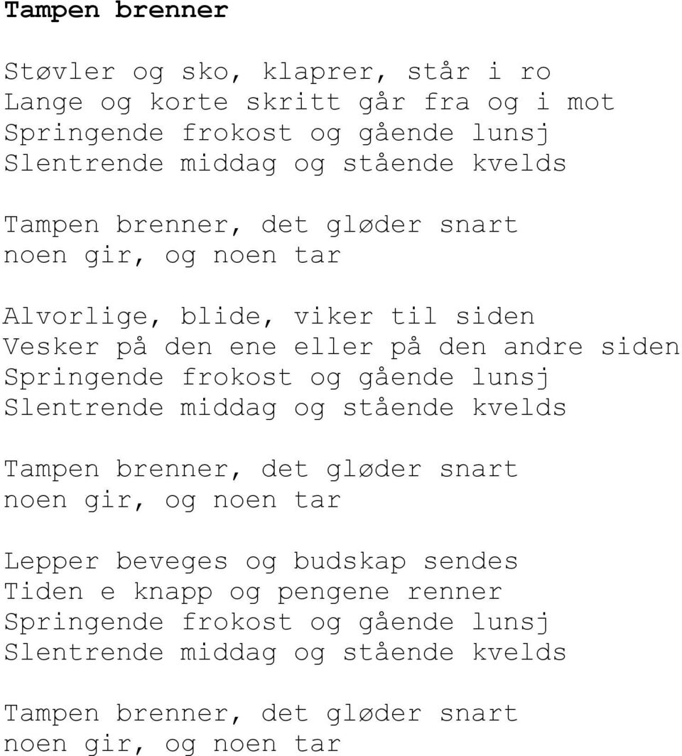 Springende frokost og gående lunsj Slentrende middag og stående kvelds Tampen brenner, det gløder snart noen gir, og noen tar Lepper beveges og budskap