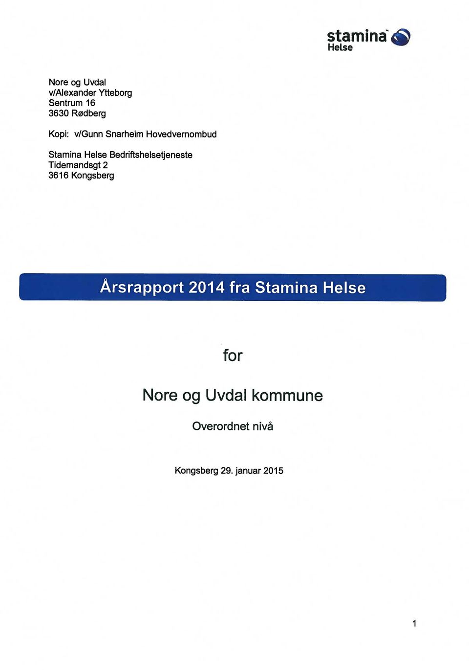 Bedriftshelsetjeneste Tidemandsgt 2 3616 Kongsberg Årsrapport 2014