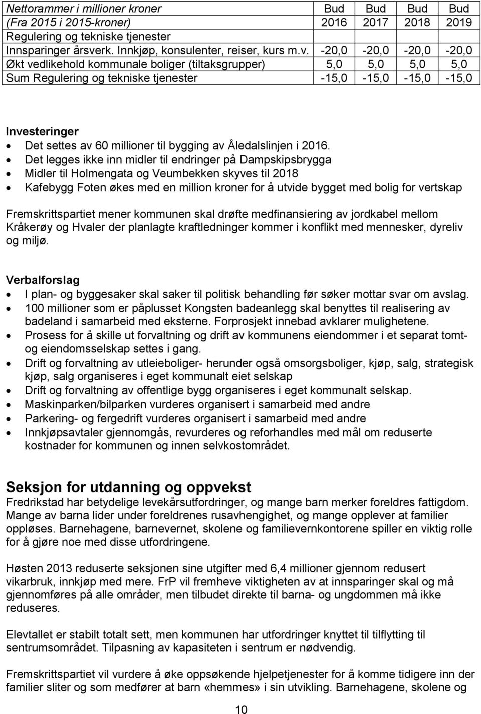 -2-2 -2-2 Økt vedlikehold kommunale boliger (tiltaksgrupper) 5, 5, 5, 5, Sum Regulering og tekniske tjenester -15, -15, -15, -15, Investeringer Det settes av millioner til bygging av Åledalslinjen i