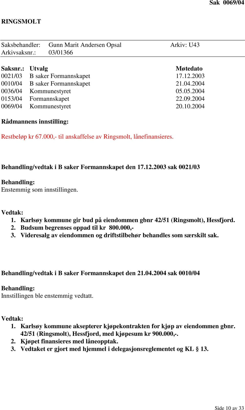 Behandling/vedtak i B saker Formannskapet den 17.12.2003 sak 0021/03 Behandling: Enstemmig som innstillingen. Vedtak: 1. Karlsøy kommune gir bud på eiendommen gbnr 42/51 (Ringsmolt), Hessfjord. 2.