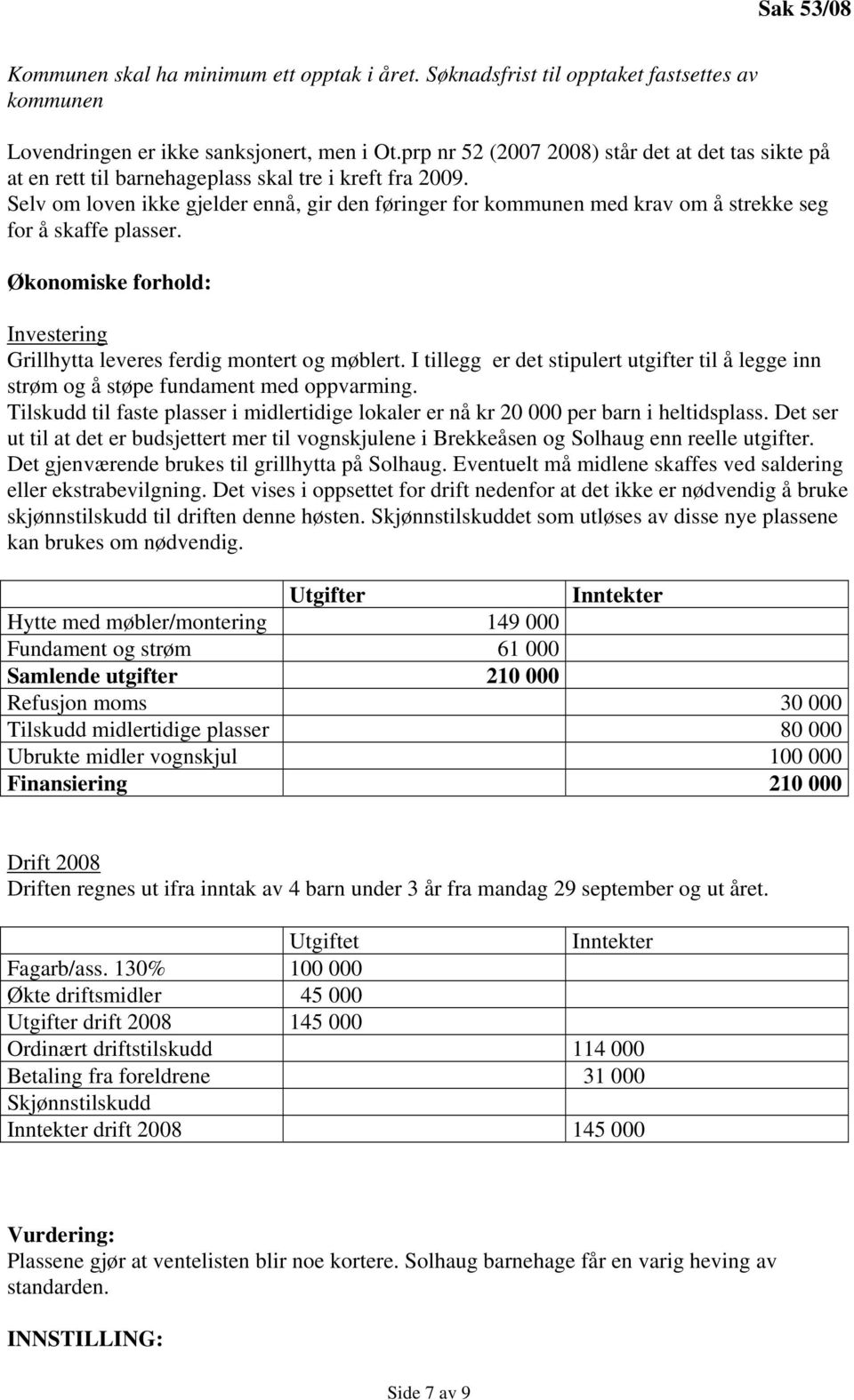 Selv om loven ikke gjelder ennå, gir den føringer for kommunen med krav om å strekke seg for å skaffe plasser. Økonomiske forhold: Investering Grillhytta leveres ferdig montert og møblert.