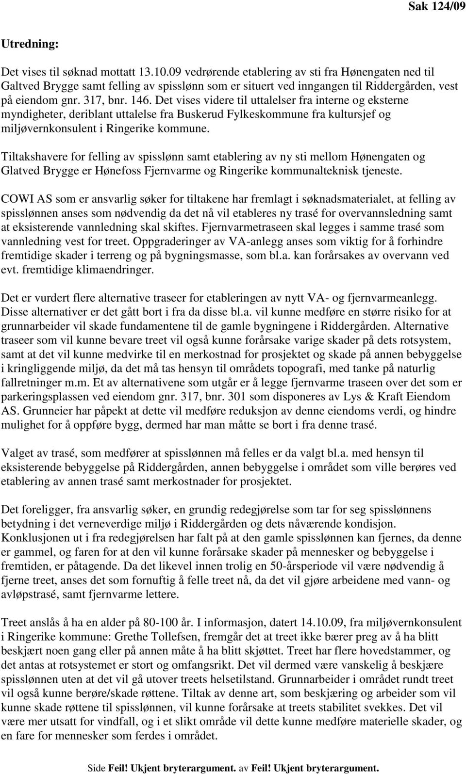 Det vises videre til uttalelser fra interne og eksterne myndigheter, deriblant uttalelse fra Buskerud Fylkeskommune fra kultursjef og miljøvernkonsulent i Ringerike kommune.