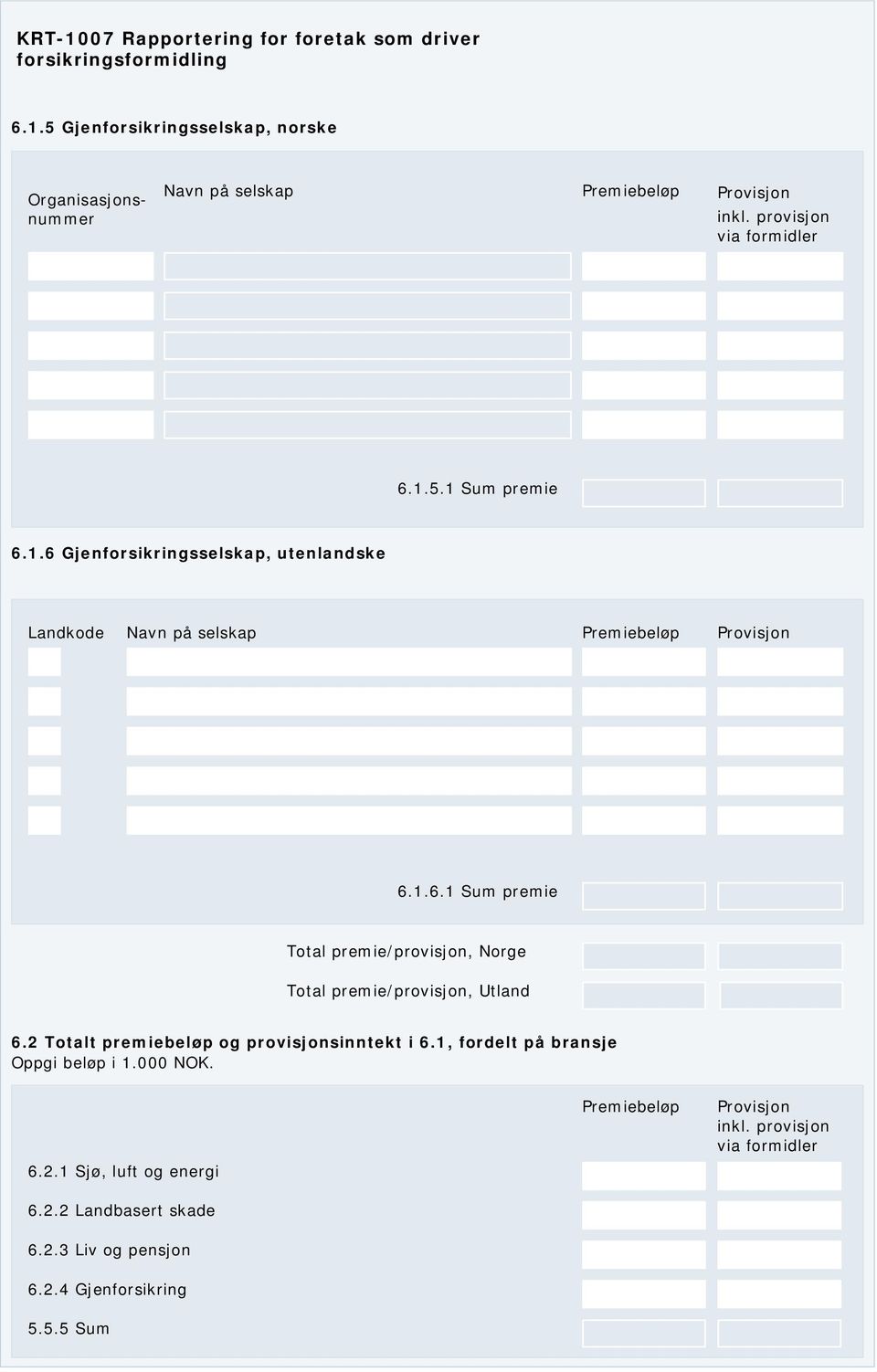 2 Totalt premiebeløp og provisjonsinntekt i 6.1, fordelt på bransje 6.2.1 Sjø, luft og energi 6.2.2 Landbasert skade 6.