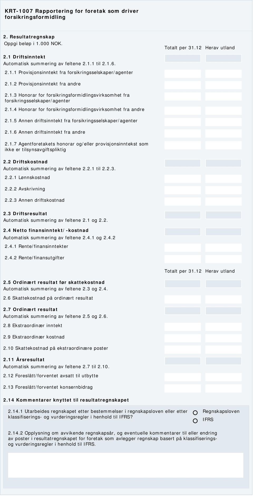 2 Driftskostnad Automatisk summering av feltene 2.2.1 til 2.2.3. 2.2.1 Lønnskostnad 2.2.2 Avskrivning 2.2.3 Annen driftskostnad 2.3 Driftsresultat Automatisk summering av feltene 2.1 og 2.2. 2.4 Netto finansinntekt/-kostnad Automatisk summering av feltene 2.